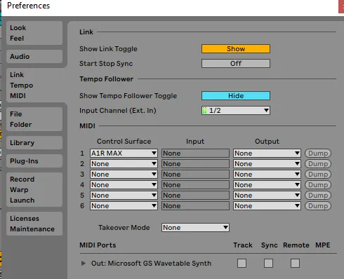 Ableton Preferences Control Surface = A1R MAX