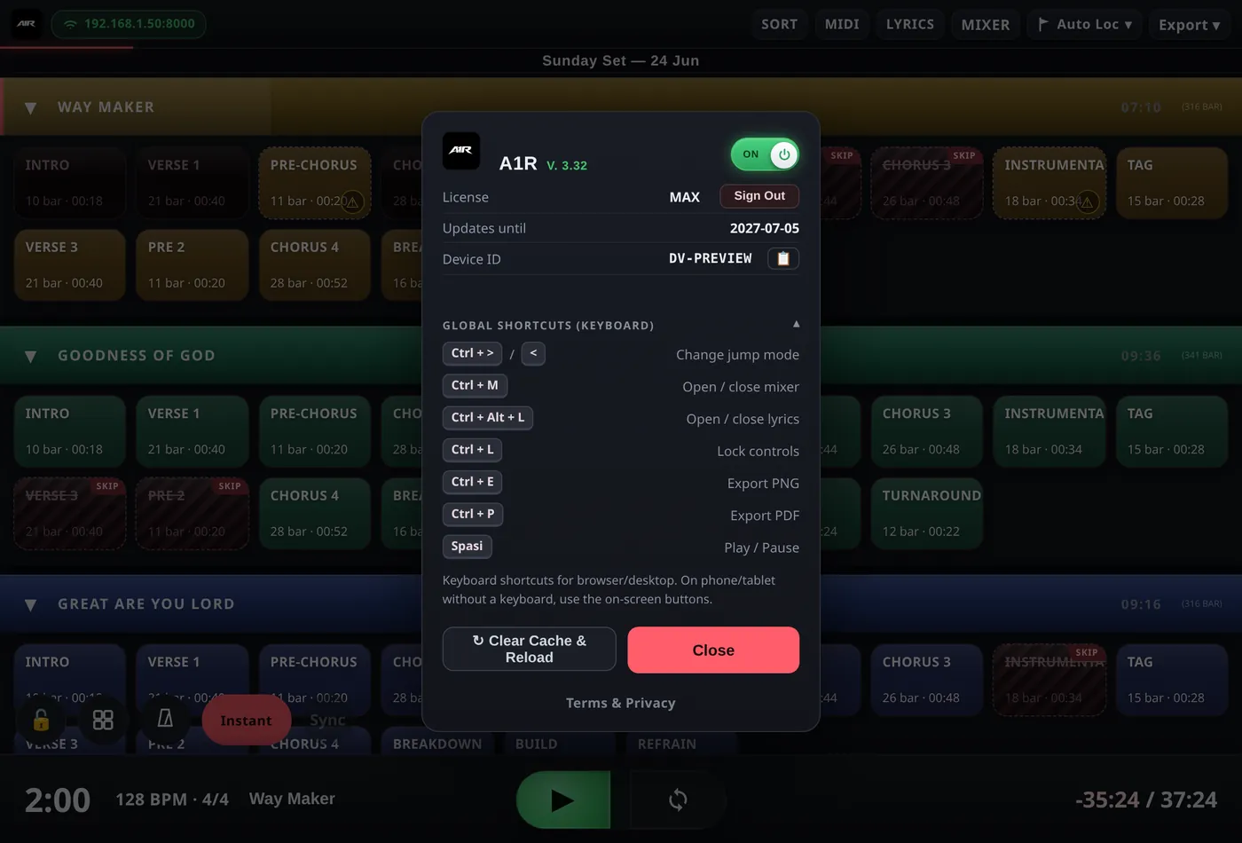Click the A1R logo to see your license, updates, device and shortcuts.