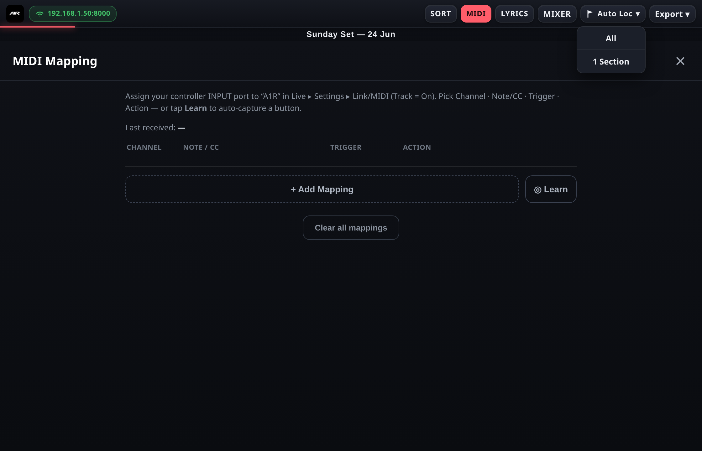 A1R Auto Locator menu on desktop