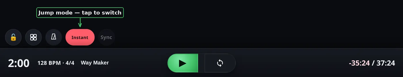Tap the mode button to switch modes; Quantize adds a grid picker.