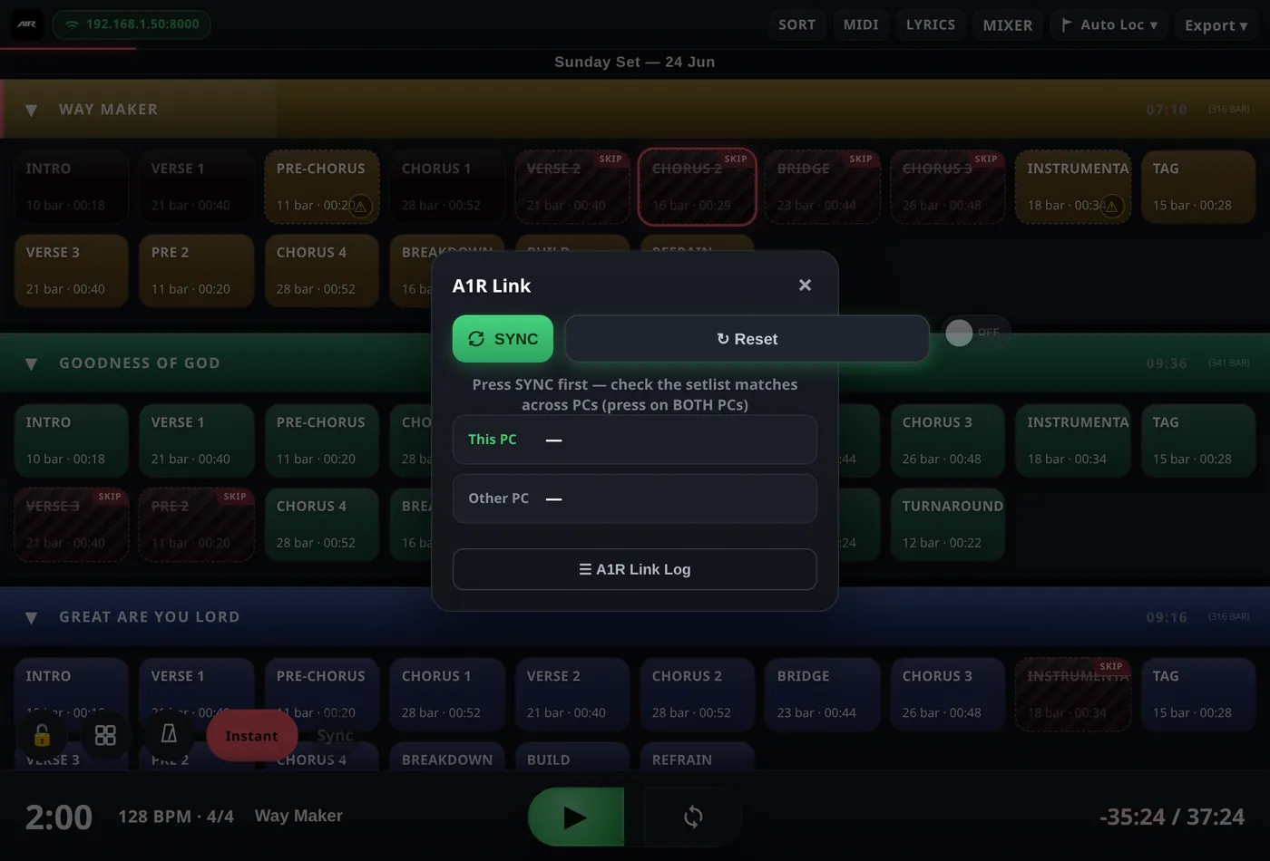 The A1R Link panel — peer status and setlist match check.