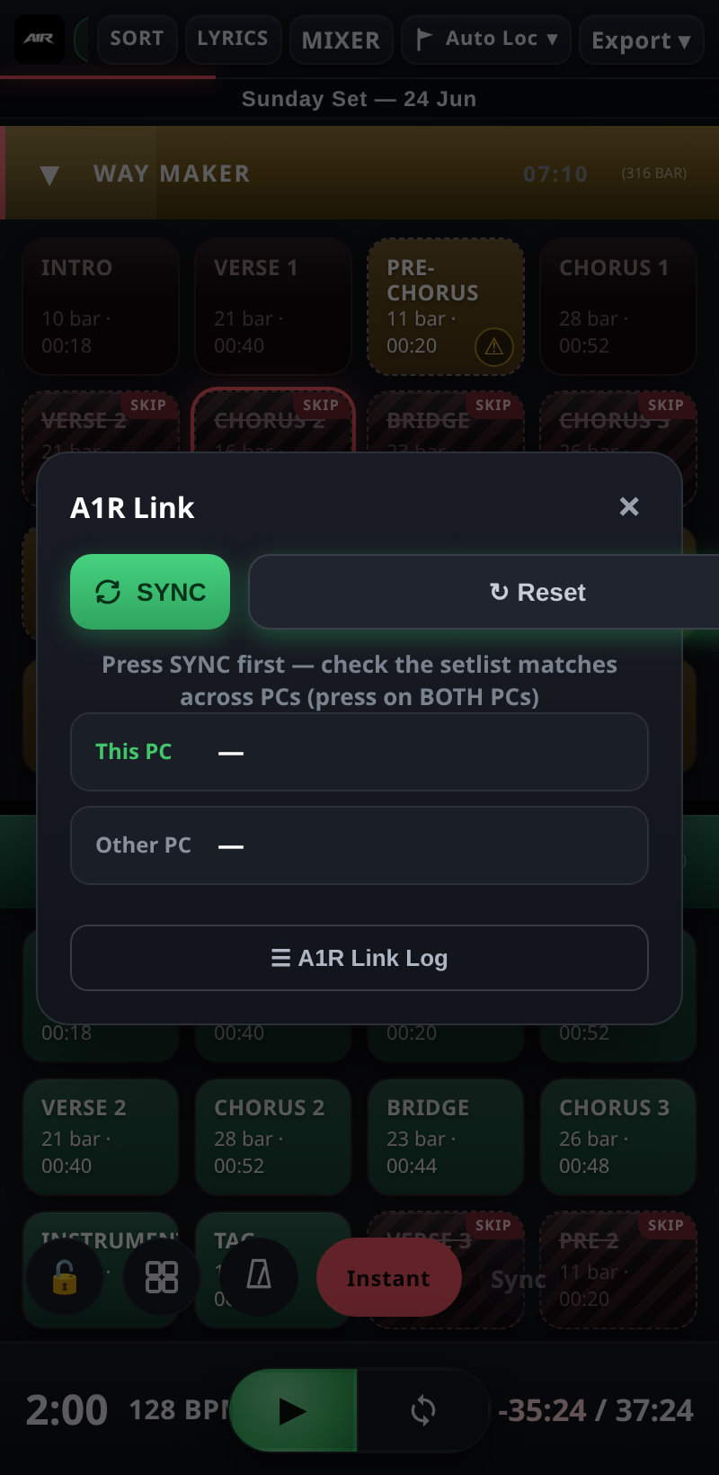 A1R Link panel — multi-PC sync status on phone
