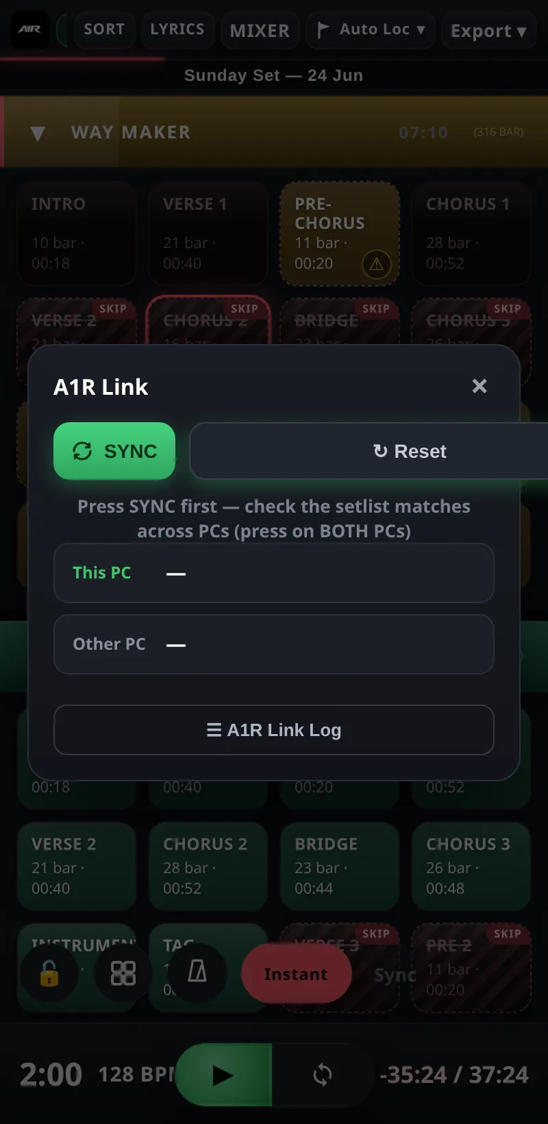 The A1R Link panel — peer status and setlist match check. phone