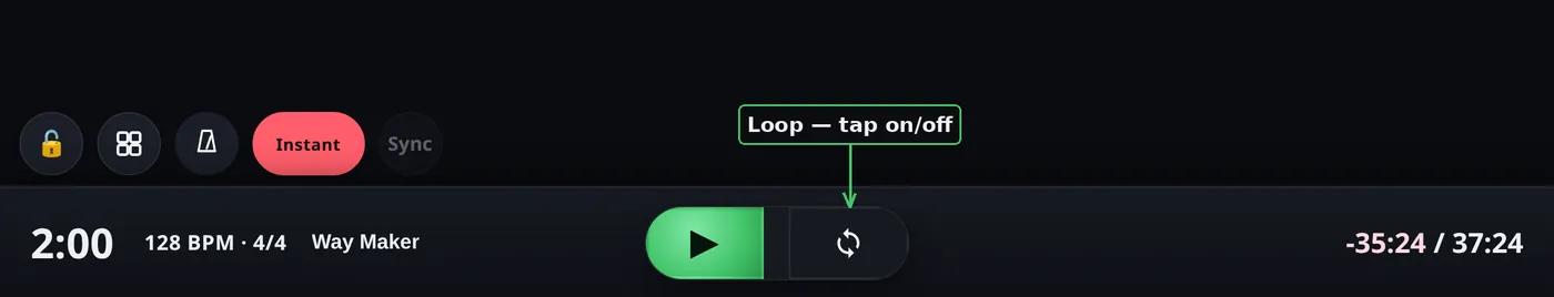 The loop button in the transport — tap to loop the current section on/off.