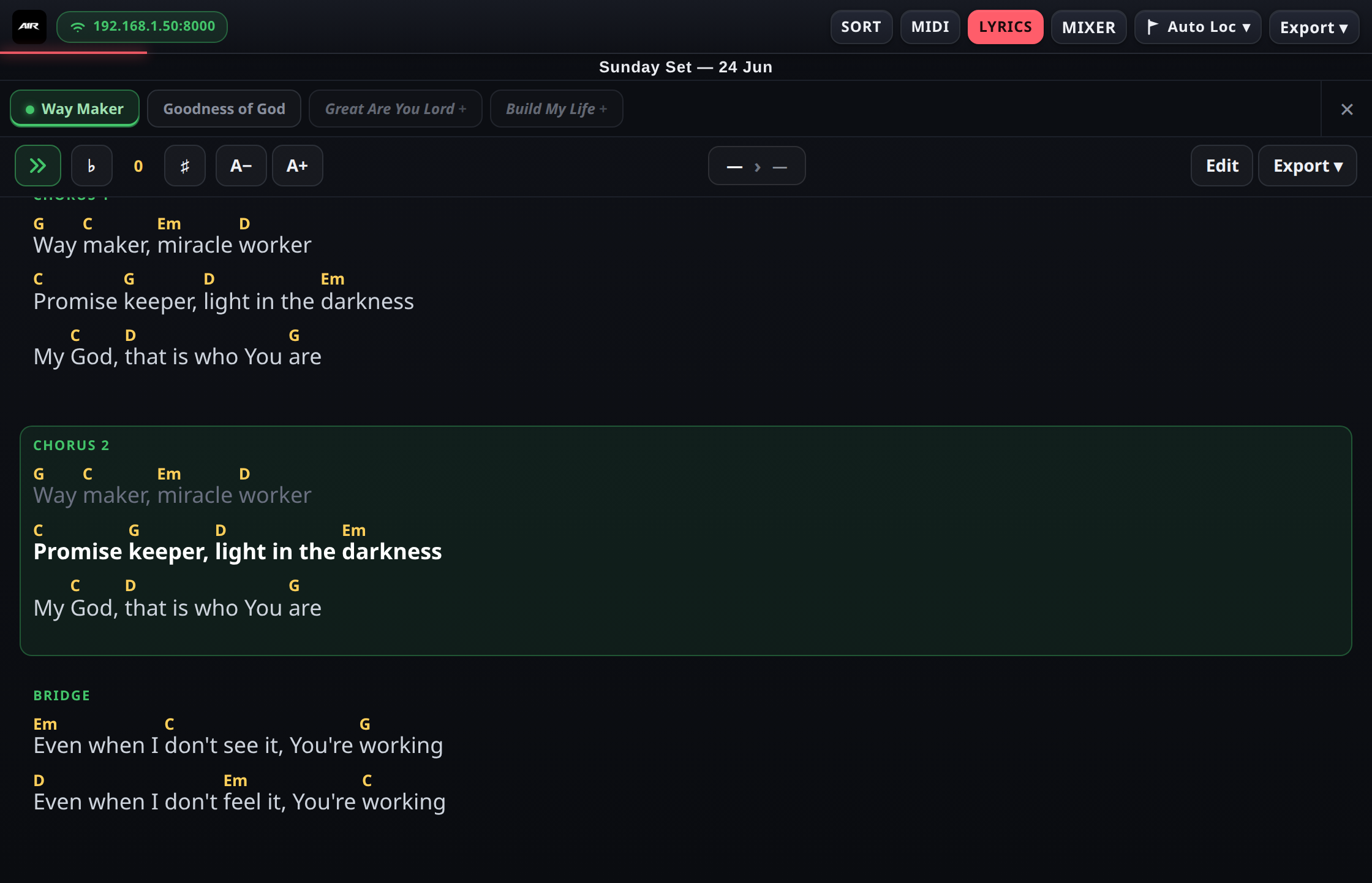 A1R lyrics with chords on desktop