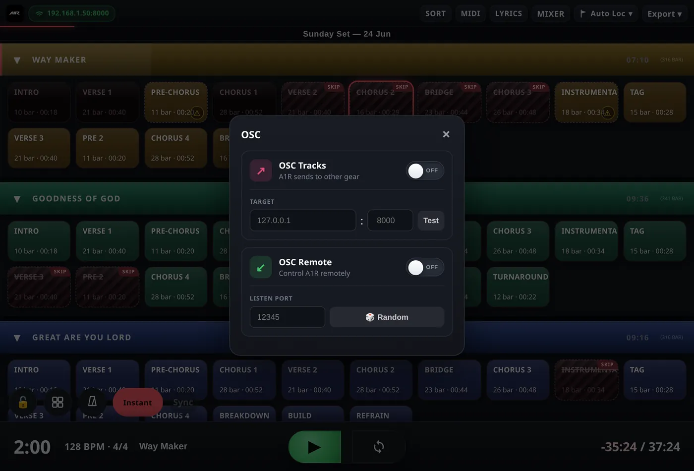The OSC panel — send to gear (Tracks) and receive remote control.