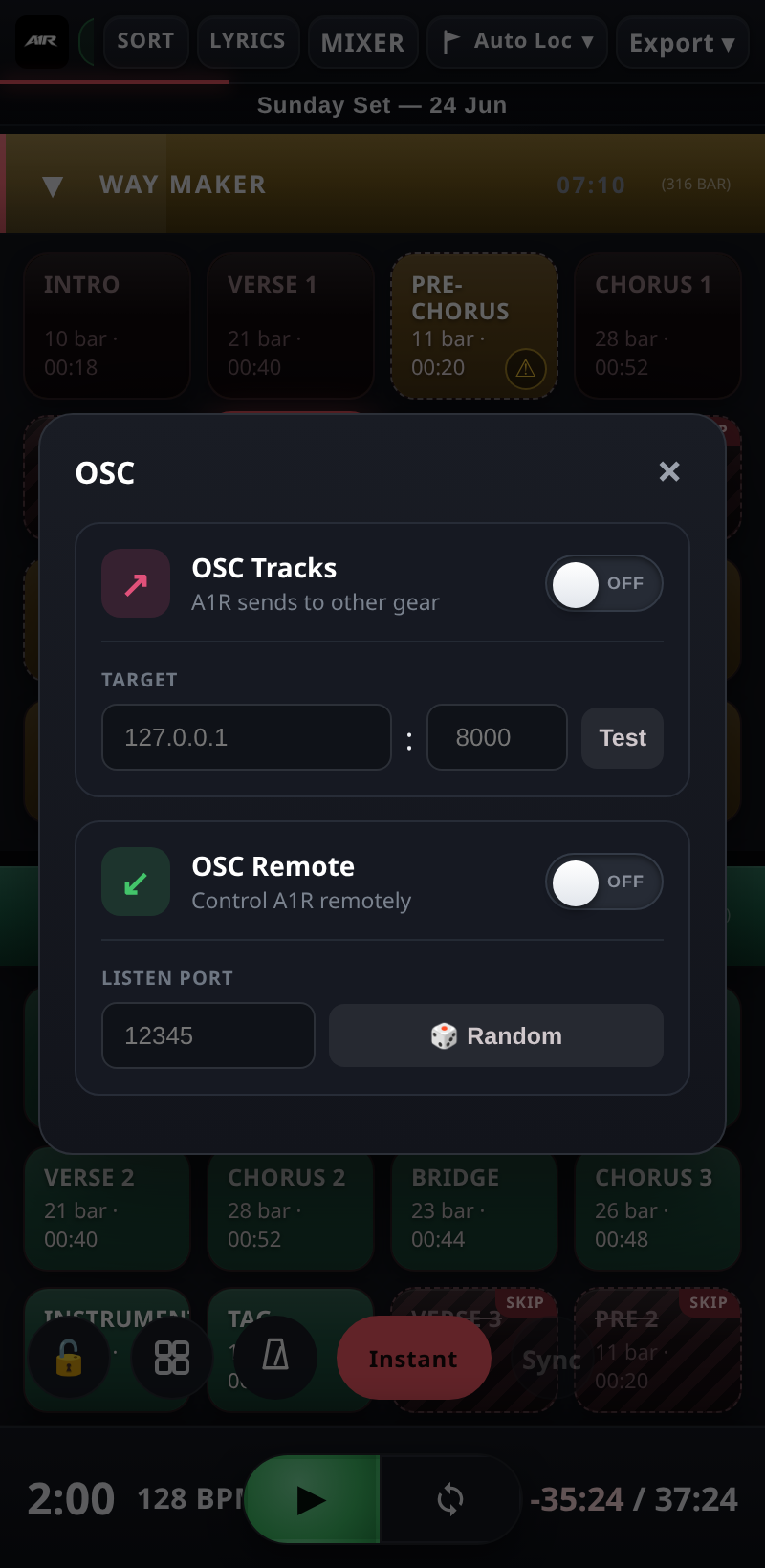 A1R OSC panel — send to gear + remote control on phone