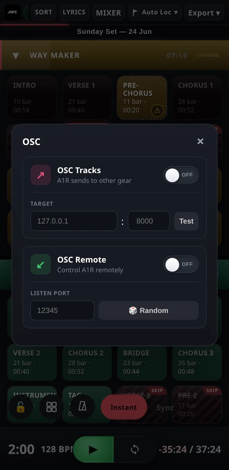 The OSC panel — send to gear (Tracks) and receive remote control. phone