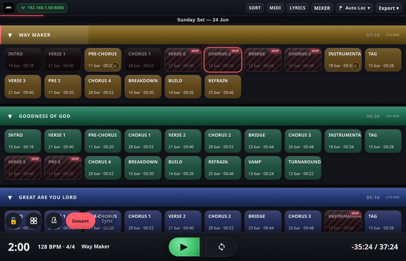 Songs become colour-coded blocks; each section shows its bar count and duration.