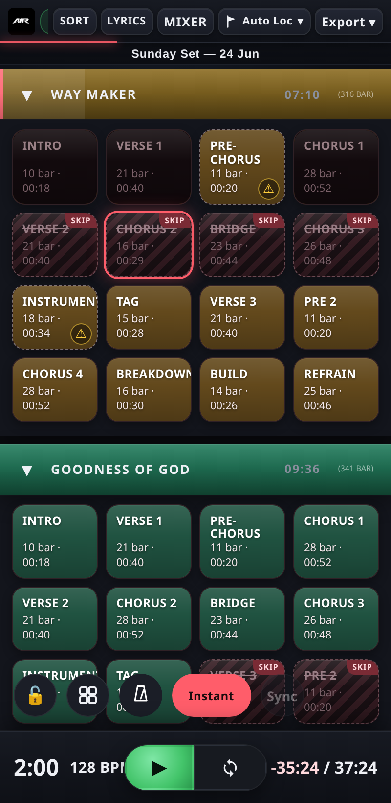 A1R running on a phone, controlling the setlist over Wi-Fi