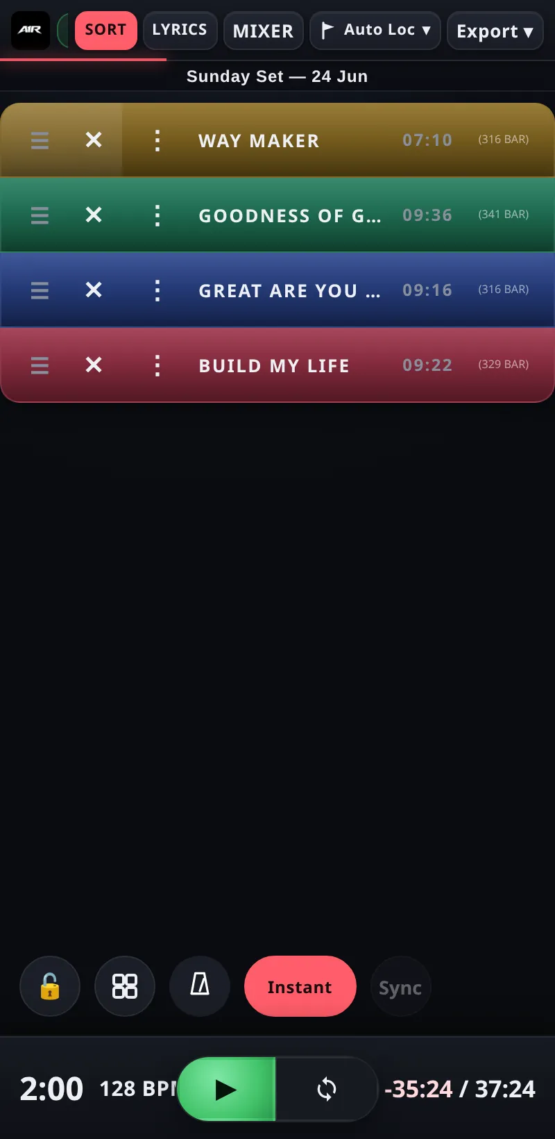 Drag to reorder, hide songs, or open the per-song menu. phone