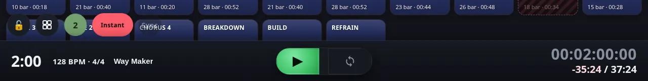 The transport bar — elapsed time, BPM, play/loop, timecode and remaining time; metronome and mode pill above.