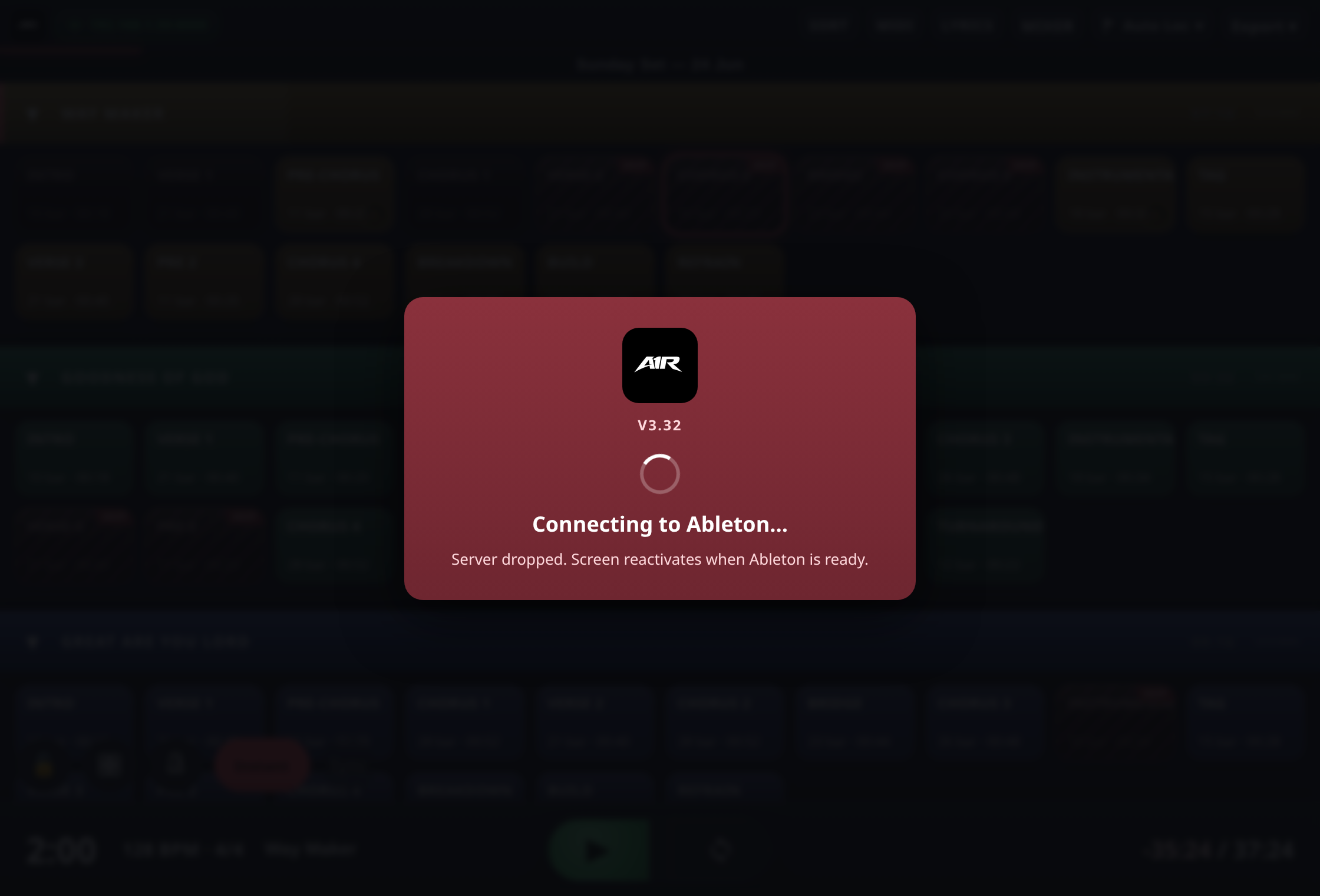 A1R shows this overlay until Ableton connects — select the A1R_MAX Control Surface.