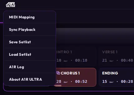 The logo menu opened under the ULTRA wordmark, with Save Setlist and Load Setlist entries alongside MIDI Mapping, Sync Playback, A1R Log and About