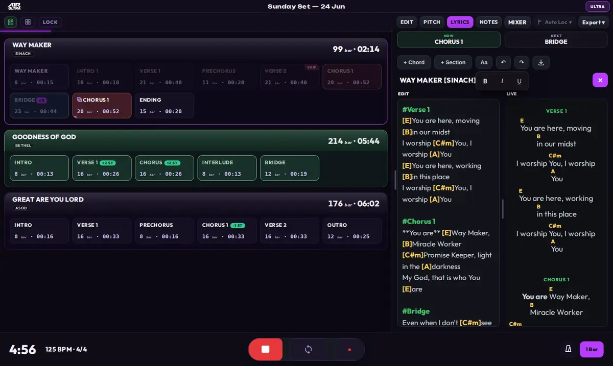 Lyrics editor with raw text and live preview side by side, and the Aa popover open showing Bold, Italic and Underline buttons