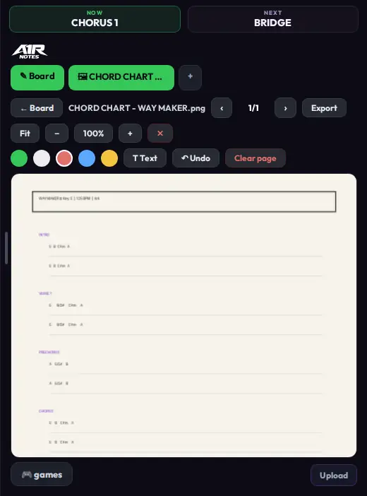 The annotator open on a chord chart image, with Fit, zoom minus/percent/plus, pen colors, Text, Undo, Clear page and Export in the toolbar