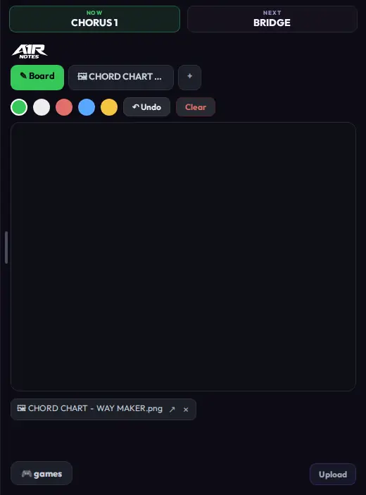 Notes panel: the Board tab with a drawing canvas, an uploaded chord chart as its own tab, pen colors and the Upload button