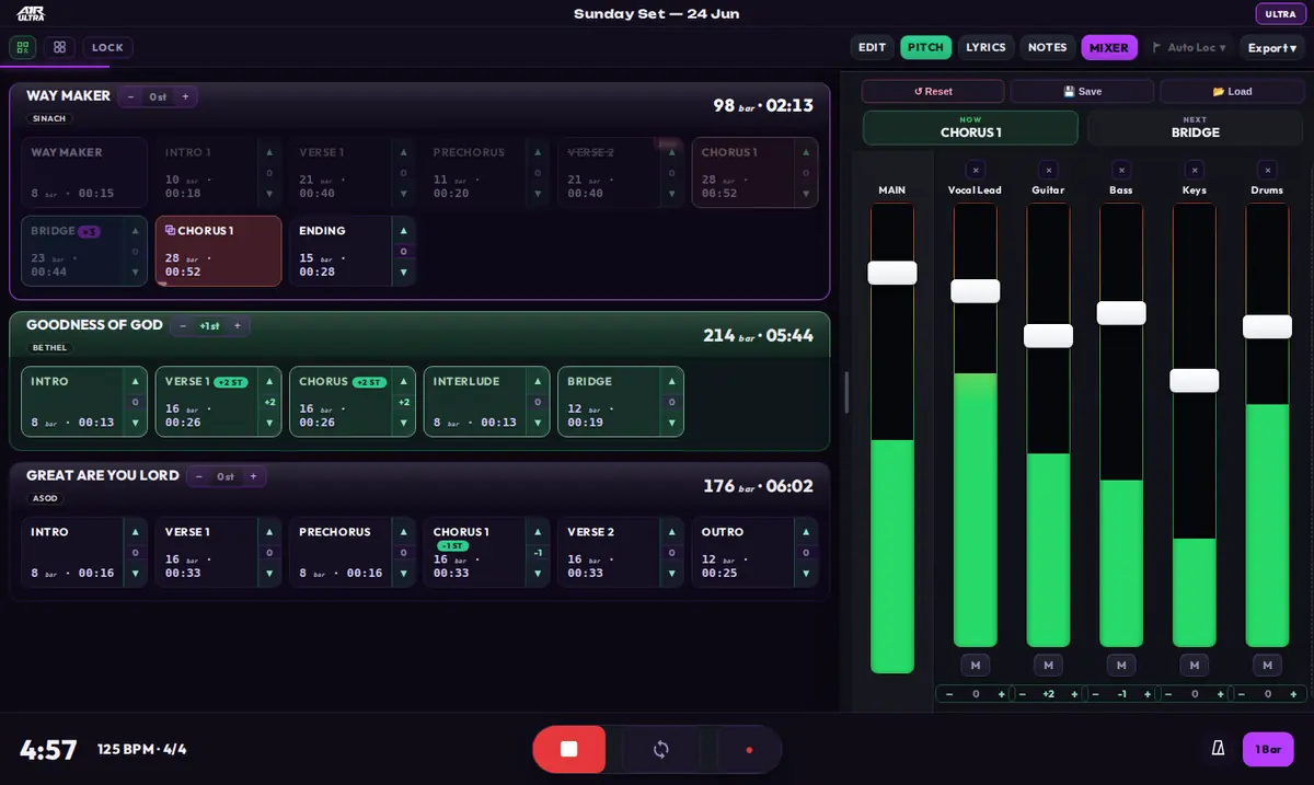 PITCH mode active: pitch steppers appear on every song lane and section chip, with green semitone badges on transposed sections