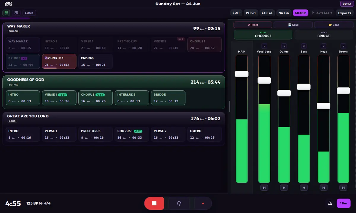 A1R ULTRA SET view on desktop: three song lanes with section chips, mixer column on the right and transport at the bottom