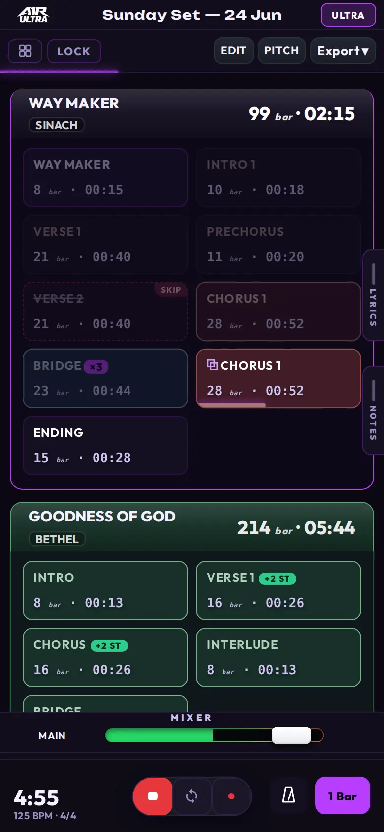 A1R ULTRA running on a phone: two-column section grid, mixer strip and transport controls sized for thumbs