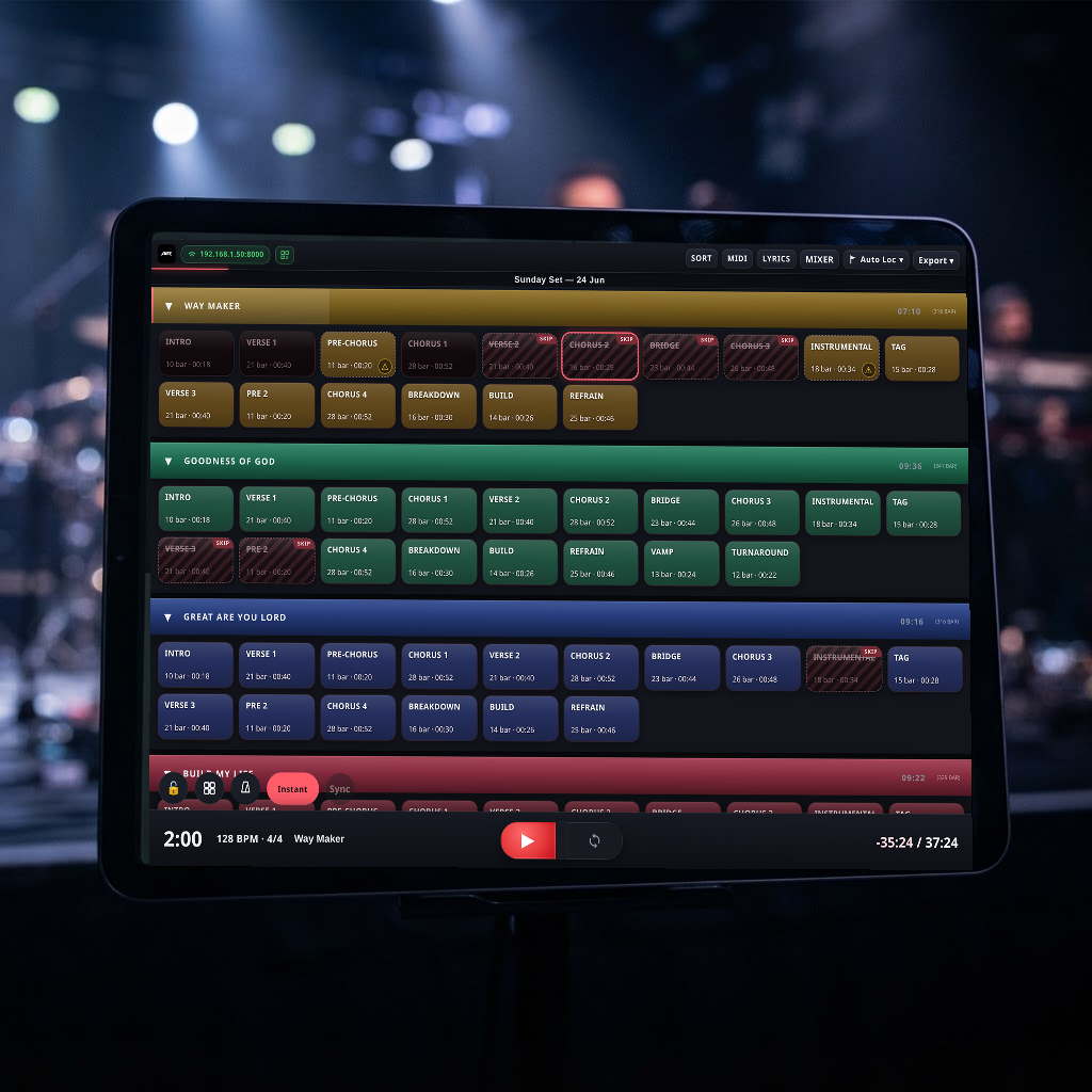 A1R live setlist & section navigator running on a tablet on stage